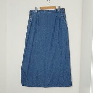 Villager Sport Vintage Blue 100% Cotton Bottom Slit Denim Skirt Button Size 14